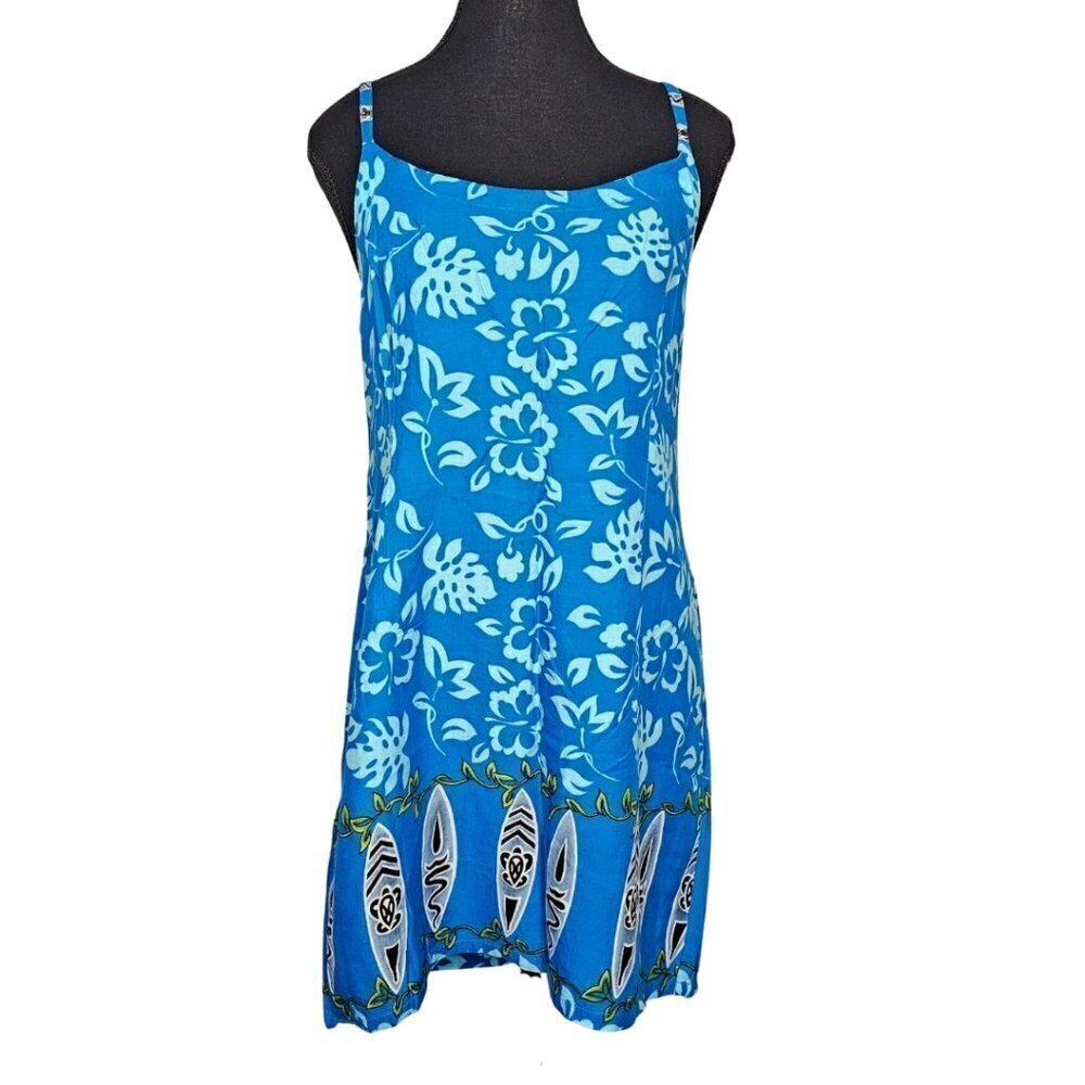 Women's sleeveless sun/beach dress, tropical print, Blue, Medium